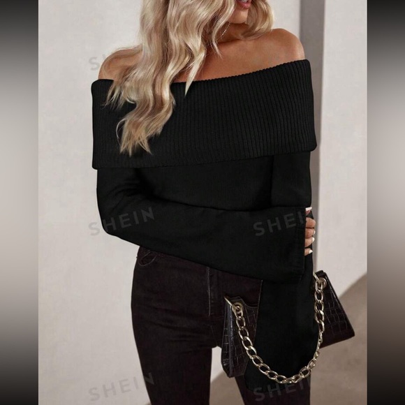 Off Shoulder Foldover Ribbed Knit Sweater - Picture 6 of 8